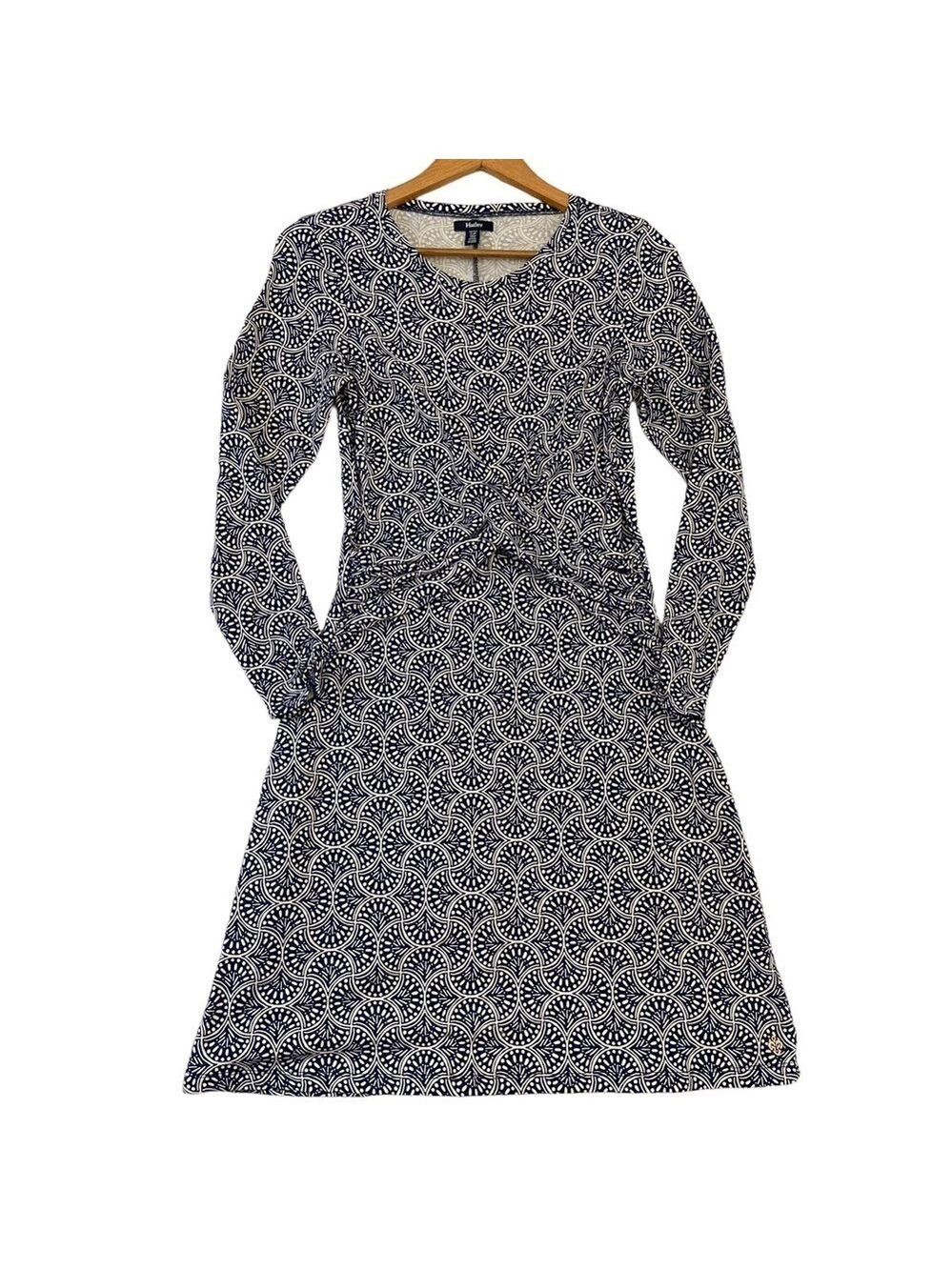 Hatley jersey cotton blend dress draped long sleeves white & navy blue small